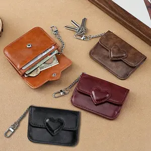 Vintage Heart-Shaped Travel Card Holder with Chain Keychain, Multi-Layer Storage Bag, Compact Carry Commuter Wallet for Cards and Cash, Essential for Office Workers