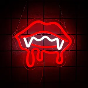 Vampire Fangs Neon Sign, Red Lips  Light for Halloween Wall Decor, Horror Gothic Neon Sign for Bedroom, Bar, Vampire Theme Party Decorations, Led Neon Light
