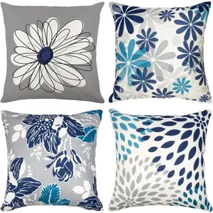 Baidast Blue Decorative Throw Pillow Covers 18x18 Set of 4, Blue and Grey Modern Daisy Floral Pillows Linen Pillow Covers for Couch Sofa Living Room