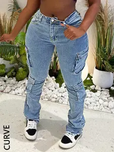 【Plus Size】 Solid Pocket Design Cargo Skinny Denim Jeans, Casual Fashion Basic Denim Pants for Daily Outdoor Wear, Fitted Curvy Streetwear Women Plus Clothing for All Seasons, Womenswear, Bottom, Casual Denim Trousers