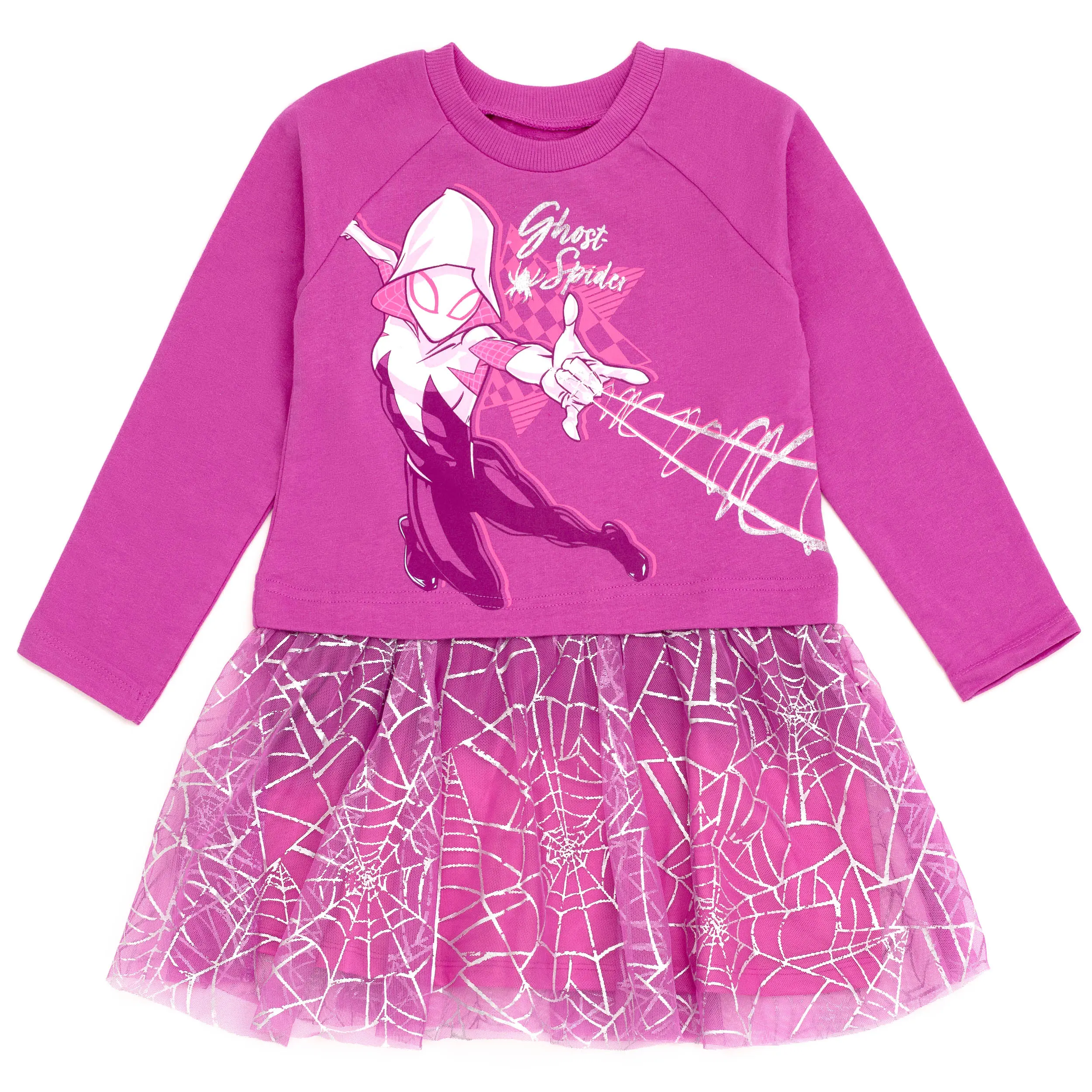 Marvel Spider-Verse Ghost-Spider Girls' Foil Graphic Long Sleeve Raglan French Terry Tutu Outfit Magenta Toddler to Big Kid