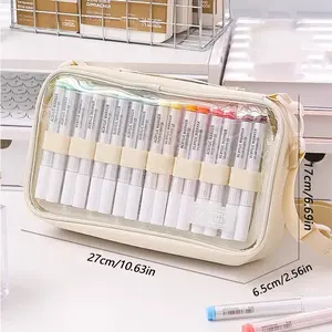 Mark Pen Storage Bag, Multi-Layer Organizer, Large Capacity Holds Up to 64 Mark Pens, Transparent Zippered Pouch with Shoulder Strap