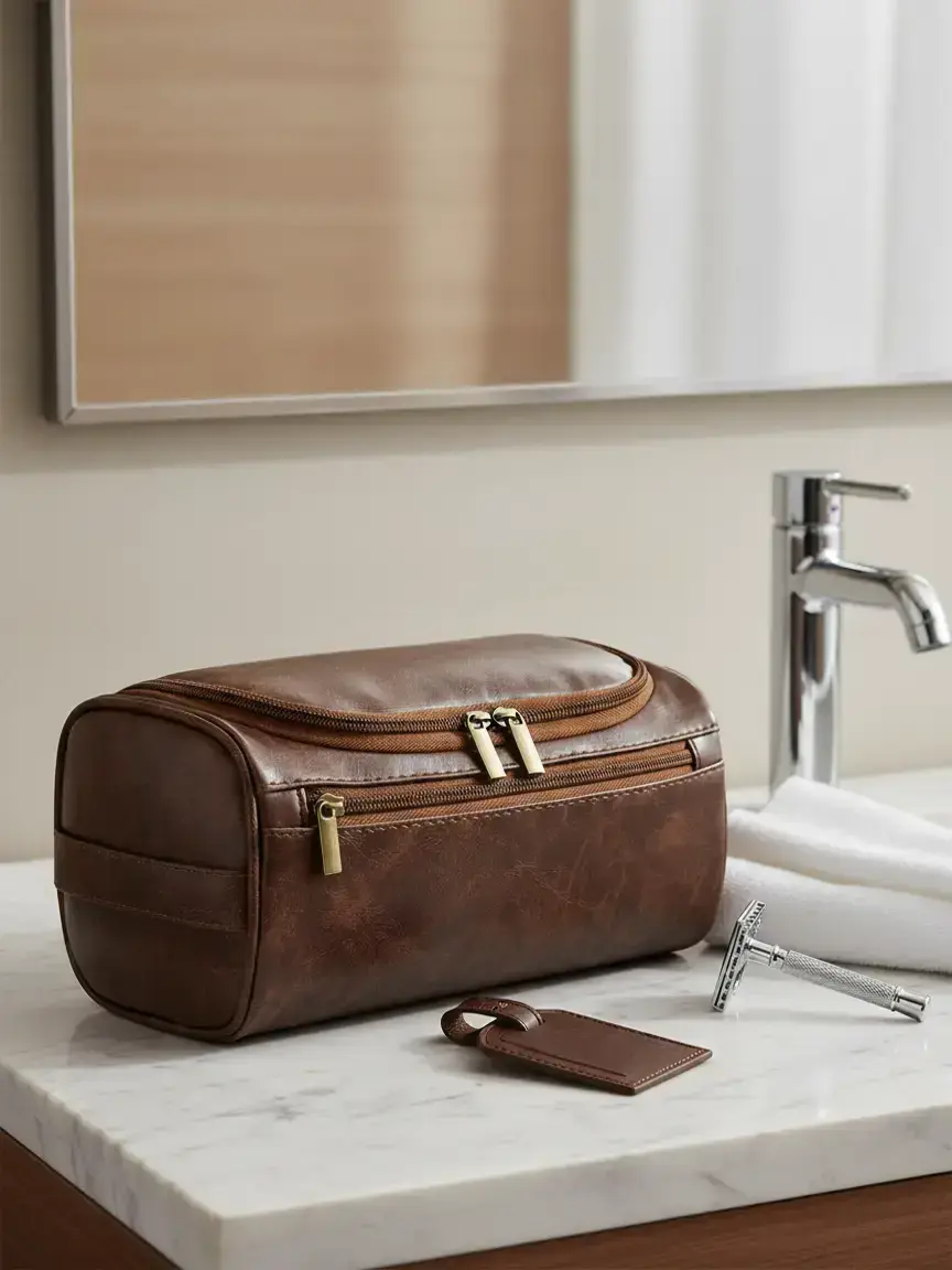 Men's Secure Fastening Travel Toiletry Bag, Waterproof PU Leather Compact Bag, Durable and Stylish Travel Organizer, Travel Essentials, Travel Cosmetic Bag for Gift, Sleek Organizer, Travel Grooming Organizer, Travel Pouches For Toiletries