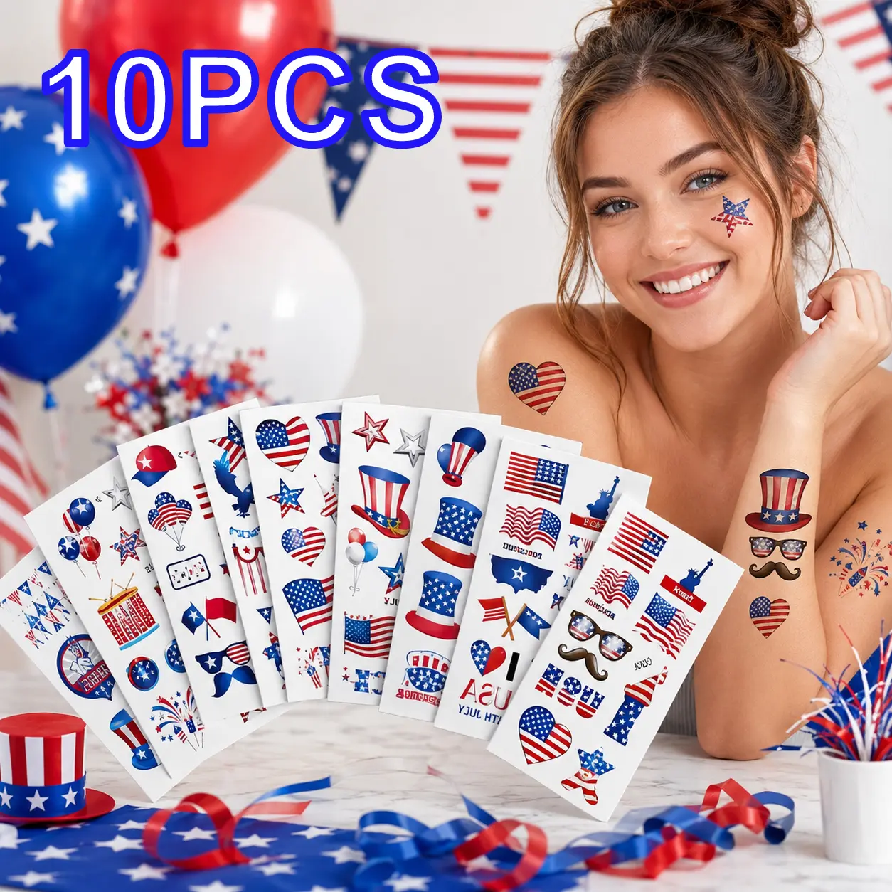 Patriotic USA Temporary Tattoos 100+ Designs Waterproof Long Lasting Red White Blue Stickers for Adults 4th of July Celebrations