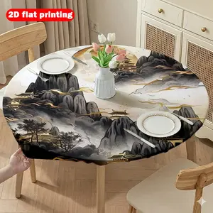 Elegant Elastic Round Tablecloth, New Chinese Landscape Print, Easy Installation & Cleaning, Reusable, Multiple Sizes Available