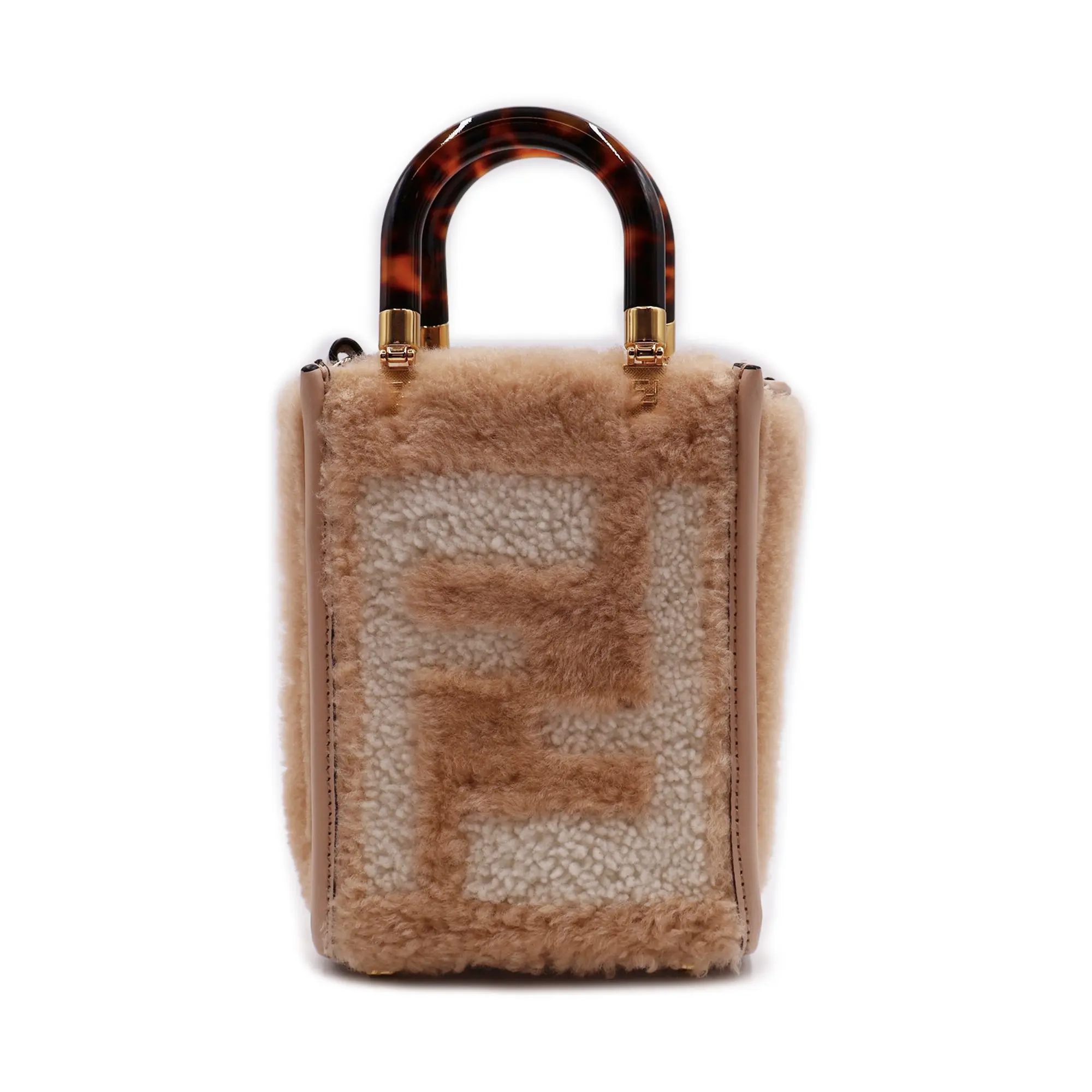 Pre-owned FENDI shearling Shoulder Bags Plexiglass FF Sunshine Mini Shopper Tote Bag (27291)