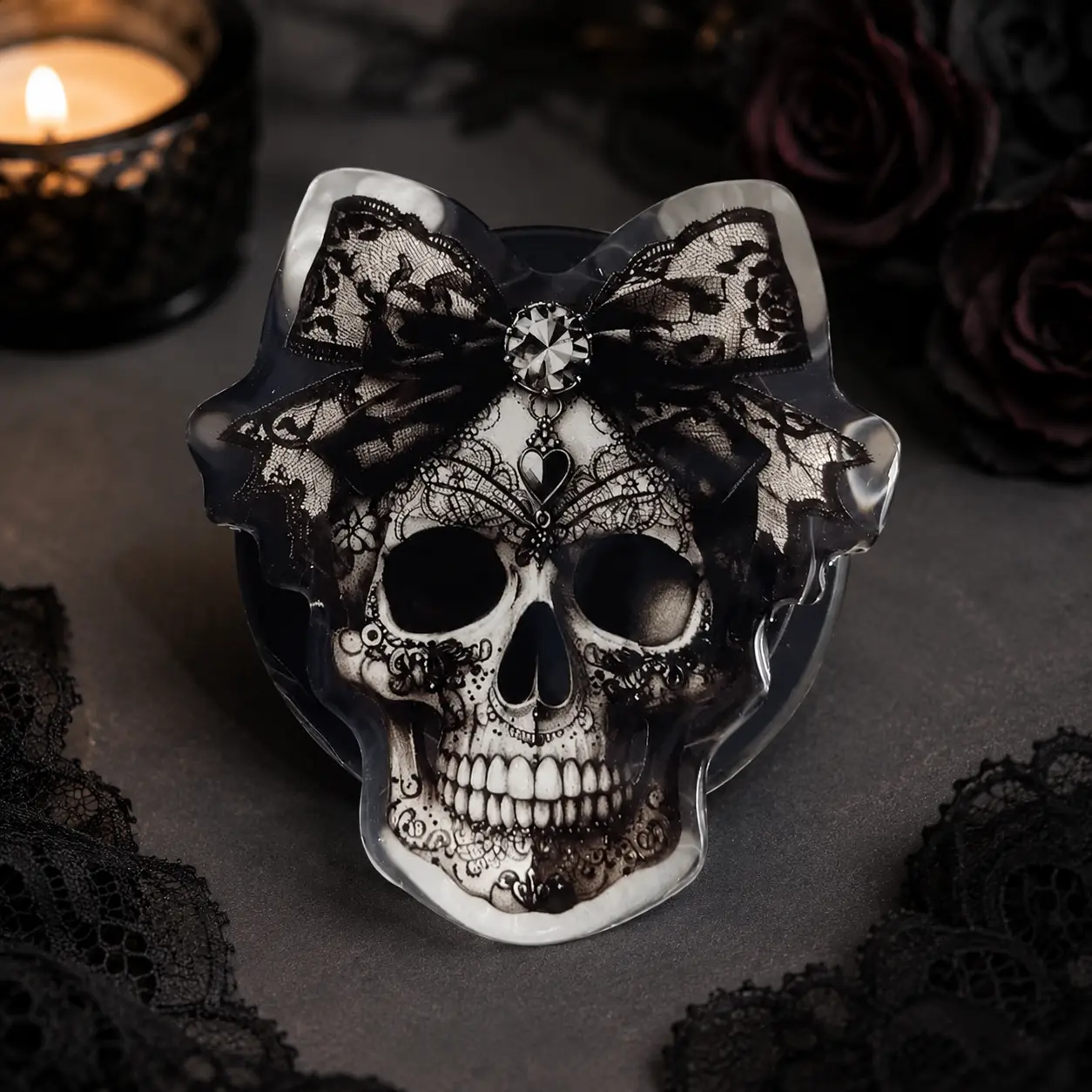 Gothic Lace Bow Skull 2D Acrylic Phone Grip Retractable Expanding Stand Bracket Holder For Smartphone Back Case