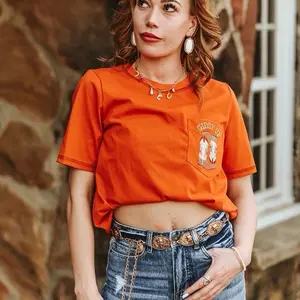 Orange Crop Top T-Shirt with Pocket Design and Graphic Print for Women