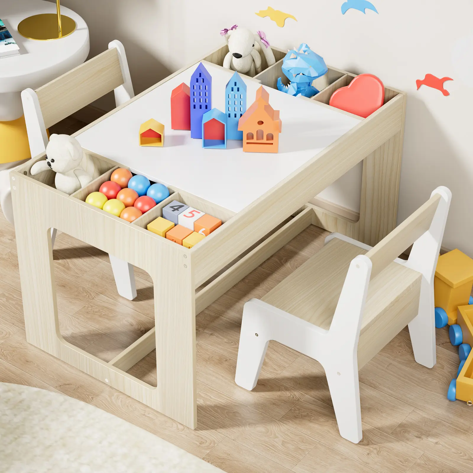 Arlopu Kids Table and Chair Set, 3 in 1 Wooden Activity Desk w/Blackboard, Storage Space, Removable Tabletop, Toddler Drawing, Reading, Playing, Art Craft, for Nursery, Playroom homeessentials