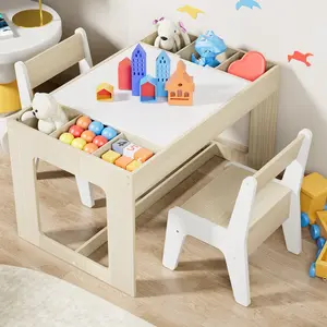 Arlopu Kids Table and Chair Set, 3 in 1 Wooden Activity Desk w/Blackboard, Storage Space, Removable Tabletop, Toddler Drawing, Reading, Playing, Art Craft, for Nursery, Playroom
