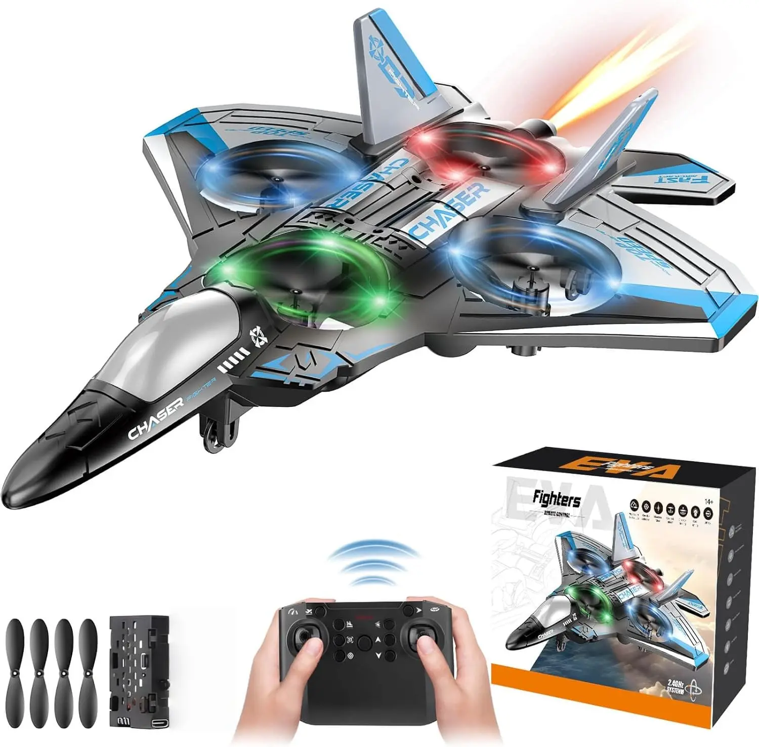 RC EVA Fighter Electric Stunt Airplane Drone - Remote Control Toy for Kids+Adults, with LED Lights, 360° Flip & Roll