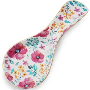 Ceramic Spoon Rest for Stove Top Kitchen Counter Large Spoon Holder Farmhouse Floral Print Coffee Spoon Cooking Utensil Rest Modern Kitchen Decor