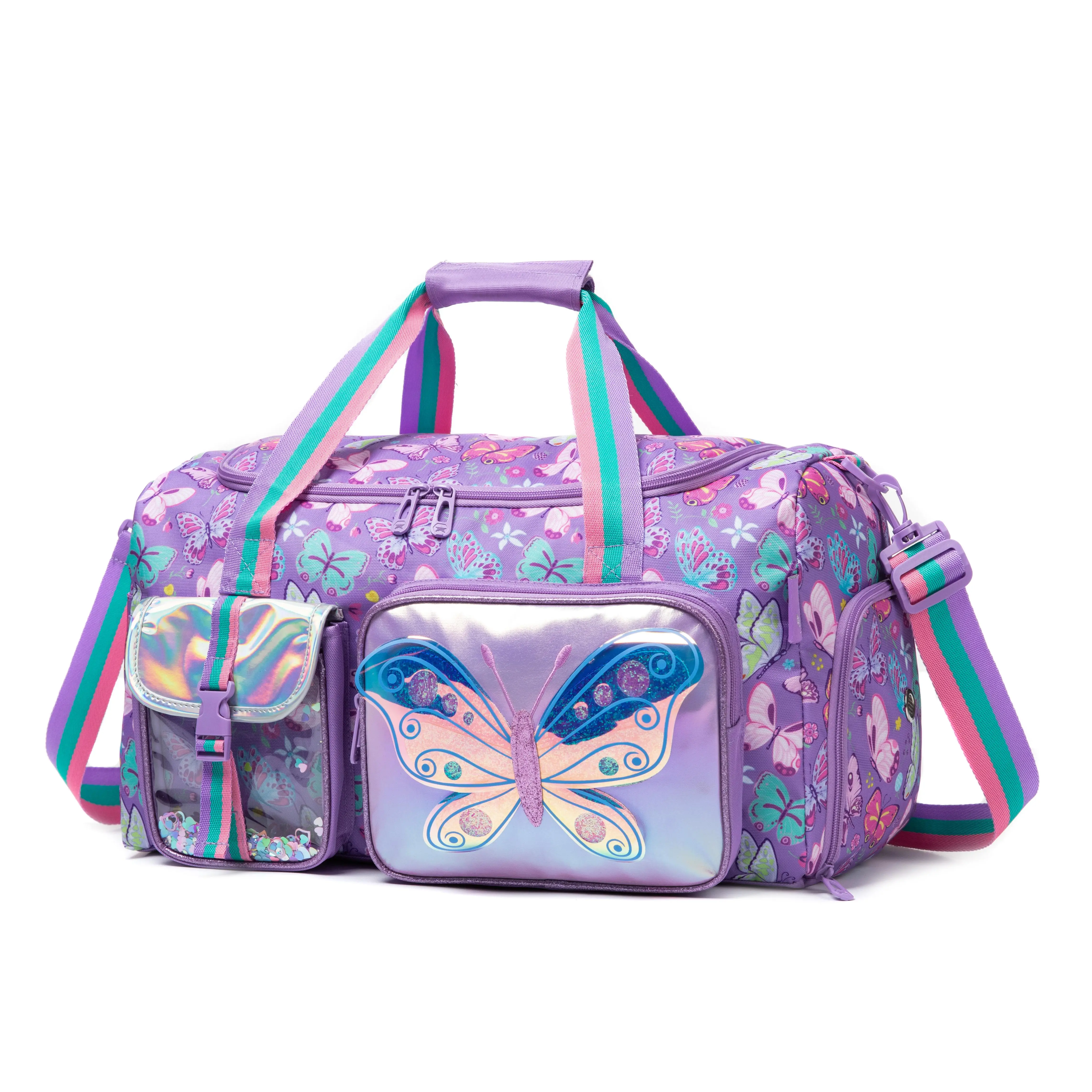 Duffle Bag for Girls, Large Spacious Holographic Butterfly Print Overnight Bag with Double Handle, Rainbow Crossbody Strap & Sequin Pouch for Sleepovers, Sleepover, Built-In Organizer Travel Bags