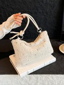 Elegant Rose Flower Crochet Shoulder Bag, Perfect for Weddings & Evenings, Metal Round Buckle Clutch, Ideal Bridal Accessory, Random Pattern Design
