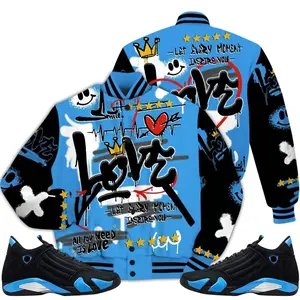 14 University Blue Outfits, Black University Blue 14s Varsity Jacket, Happy Love Beats Graffiti Streetwear Unisex Sneaker Matching Shirts