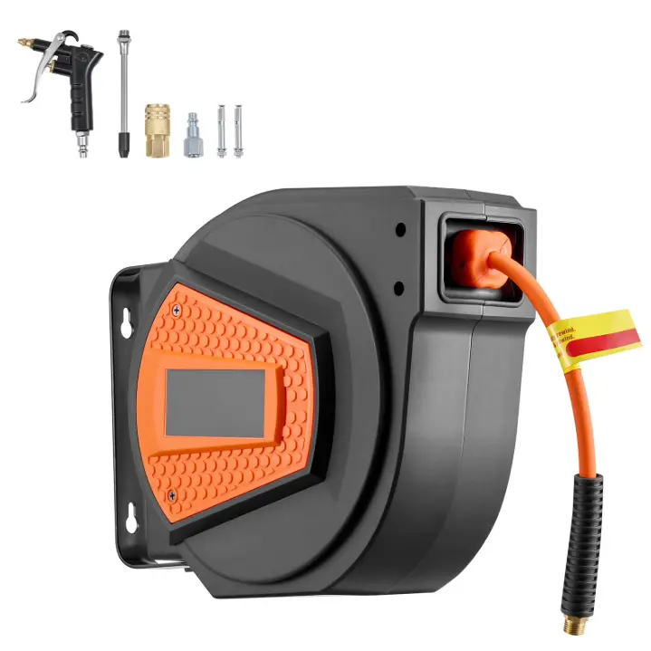 KFFKFF Retractable Air Hose Reel, 1/4 Inch x 50 FT Hybrid Hose, 300 PSI Max Pressure, Auto Rewind with 6.6 ft Lead-In Hose & Blow Gun, 180° Swivel Mount for Ceiling or Wall