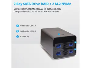 USB 3.2 (10Gbps) Type-C 2 Bay 2.5 Inch and 3.5 Inch SATA Hard Drive + 2 Bay M.2 NMVe Combo External Hard Drive Enclosure - SY-ENC50127