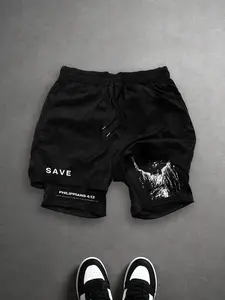 Men's Summer Trendy Cross Thorns Jesus Print Drawstring Sport Shorts, Soft Casual Outdoor Dual Layer Streetwear