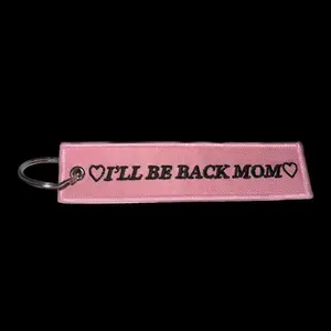 I’ll Be Back Mom Jet Tag Pink Black Embroidered Keychain Babedriven