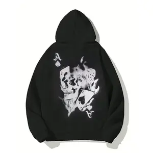 Men’s Gothic Printed Hoodie, Gothic Skull & Card/Dice Graphics, Black Ace of Spades Print, Breathable Fabric Casual Tops, Streetwear Pullover, Fall/Winter Essential