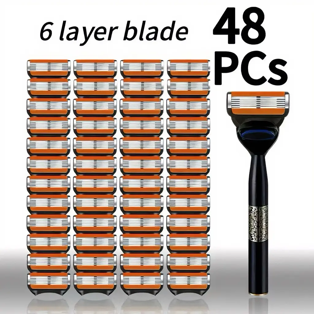 1 Handle+48 Blades, Classic Men's Manual Shaving Set, 6-layer Stainless Steel Manual Shaver, Smooth and Comfortable Shaving Without Residue, Reusable, A Must-have Facial Care Tool for Men, Shaving Razors, Shaving Products