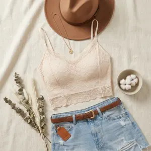 Women's Lace Bralette Spaghetti Strap V-Neck Slim Camisole Tank Top - Basic Comfortable Seamless Underwear for Daily Wear Layering Fashion Style