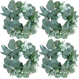 4 Pcs Candle Rings Artificial Eucalyptus Leaves Wreaths Candle Rings Wreaths Greenery Wreath Candle Holder for Pillars Boho Wreath Pillar Candleholders (Mixed)