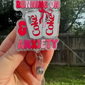 Running on Diet Coke and anxiety. Glitter retractable badge reel. Funny adult humor.Teacher ID-student ID-RN-server badge-soda fan-medical