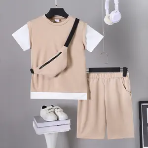 Ready Stock 7-14Y Big Boys 2PCS Summer Outfits Set Fake Two Pieces Short Sleeve Top Shorts Set with Bag Khaki 42411014 Vest