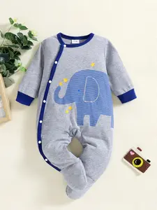 Baby Winter Elephant Print Onesie, Long Sleeve Footed Romper, Contrast Blue Edge Side Button Design, Soft Skin-Friendly, Baby Clothing