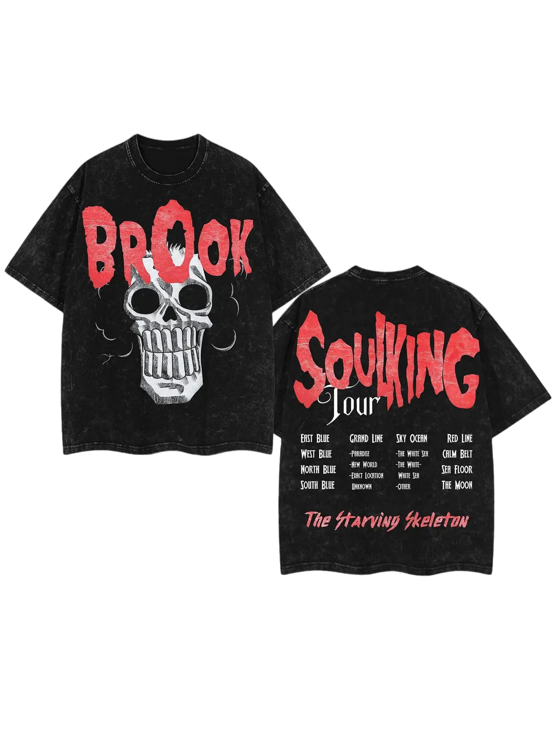 Limited Brook "SoulKing Tour" Washed Tee – Double-Sided Print Oneeeee Piece Shirt | Vintage Streetwear Unisex T-Shirt | Heavyweight Cotton Anime Manga Tee | Gift for Anime Fans