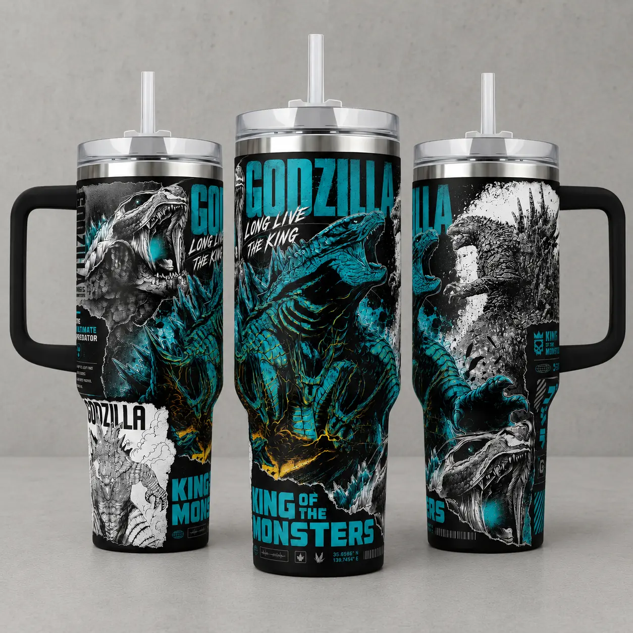 Godzilla King of the Monsters Kaiju Tumbler 40/30/20oz, Full Wrap Stainless Steel Insulated Tumbler With Straw Lid Included, Blue Black Monster  Water Bottles Portable Reusable Washable