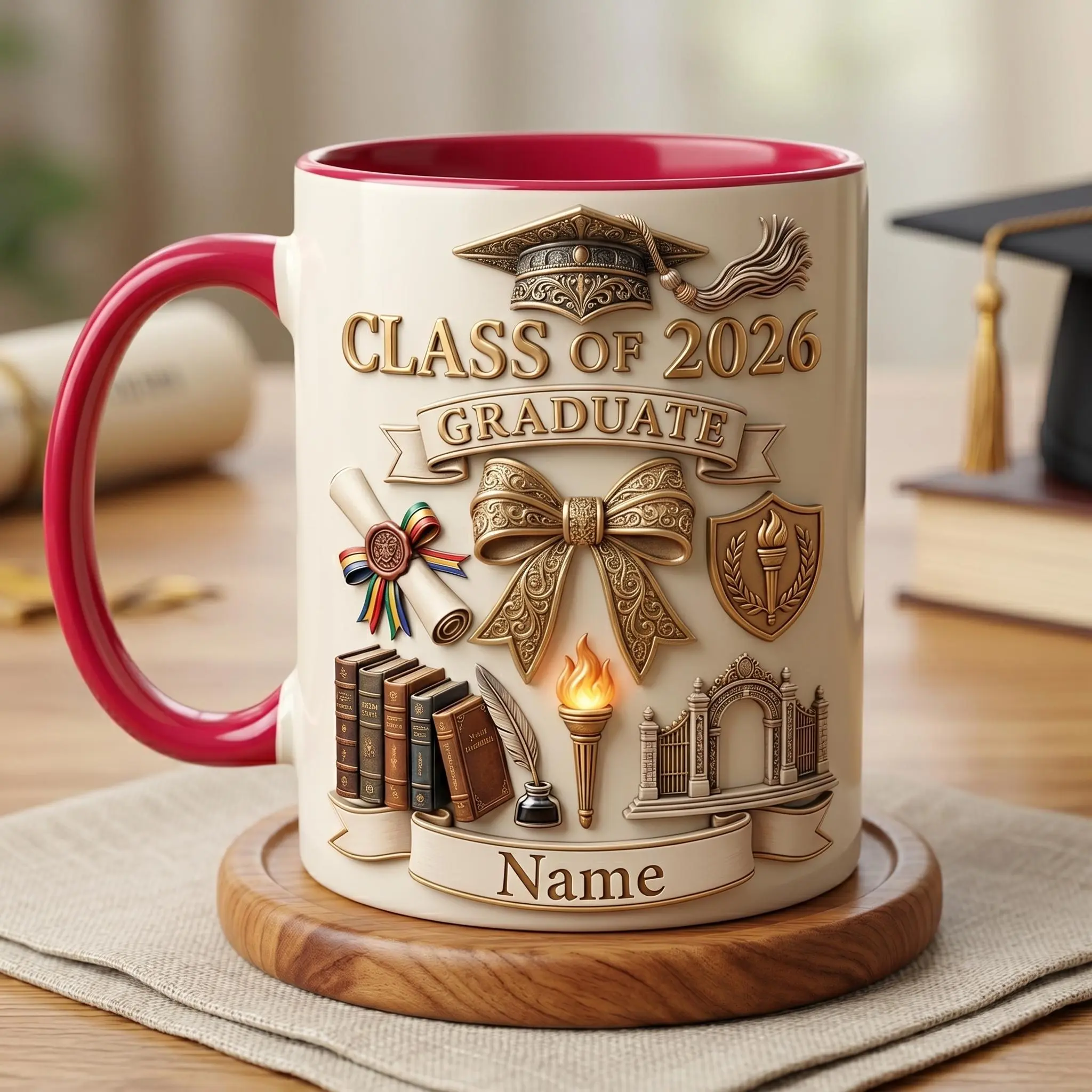 Personalized Name Graduation Mug 2D Printed 3D Effect Vintage Gold Ribbon Bow Design for Class of 2026 Senior High School University Students Commencement Ceremony Unique Achievement Keepsake Congratulation Gift Idea