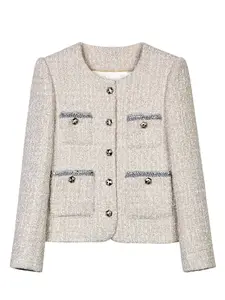 Women's Solid Color Rhinestone Decorated Tweed Jacket, Elegant Fashion Casual Open Front Outerwear for Daily Outdoor Wear, Women Clothing for Spring Fall, Coats