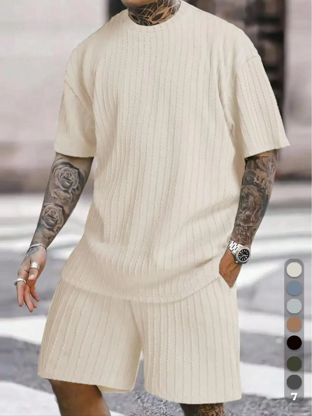Men's Loose Fit 2-Piece Summer Set, Oversized Textured Knit Tee with Relaxed Fit Drawstring Shorts