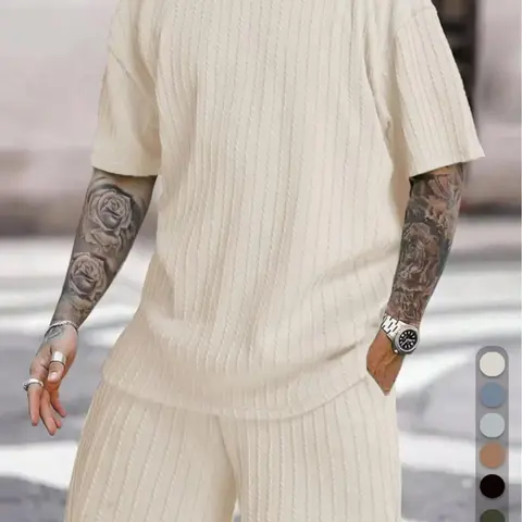 Men's Loose Fit 2-Piece Summer Set, Oversized Textured Knit Tee with Relaxed Fit Drawstring Shorts