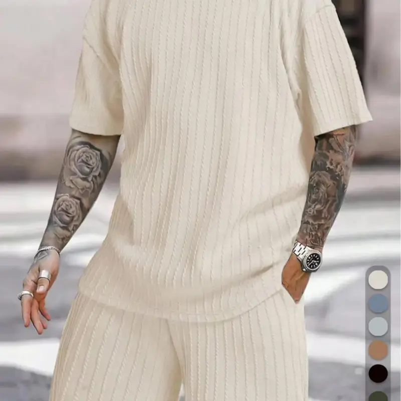 Men's Loose Fit 2-Piece Summer Set, Oversized Textured Knit Tee with Relaxed Fit Drawstring Shorts