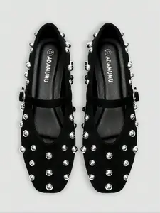 Adamumu Rivet Mary Jane Flat Shoes, Sweet Cool Vintage Style, Buckle & Studs, Women's Daily Commute Party Footwear, Casual Flats