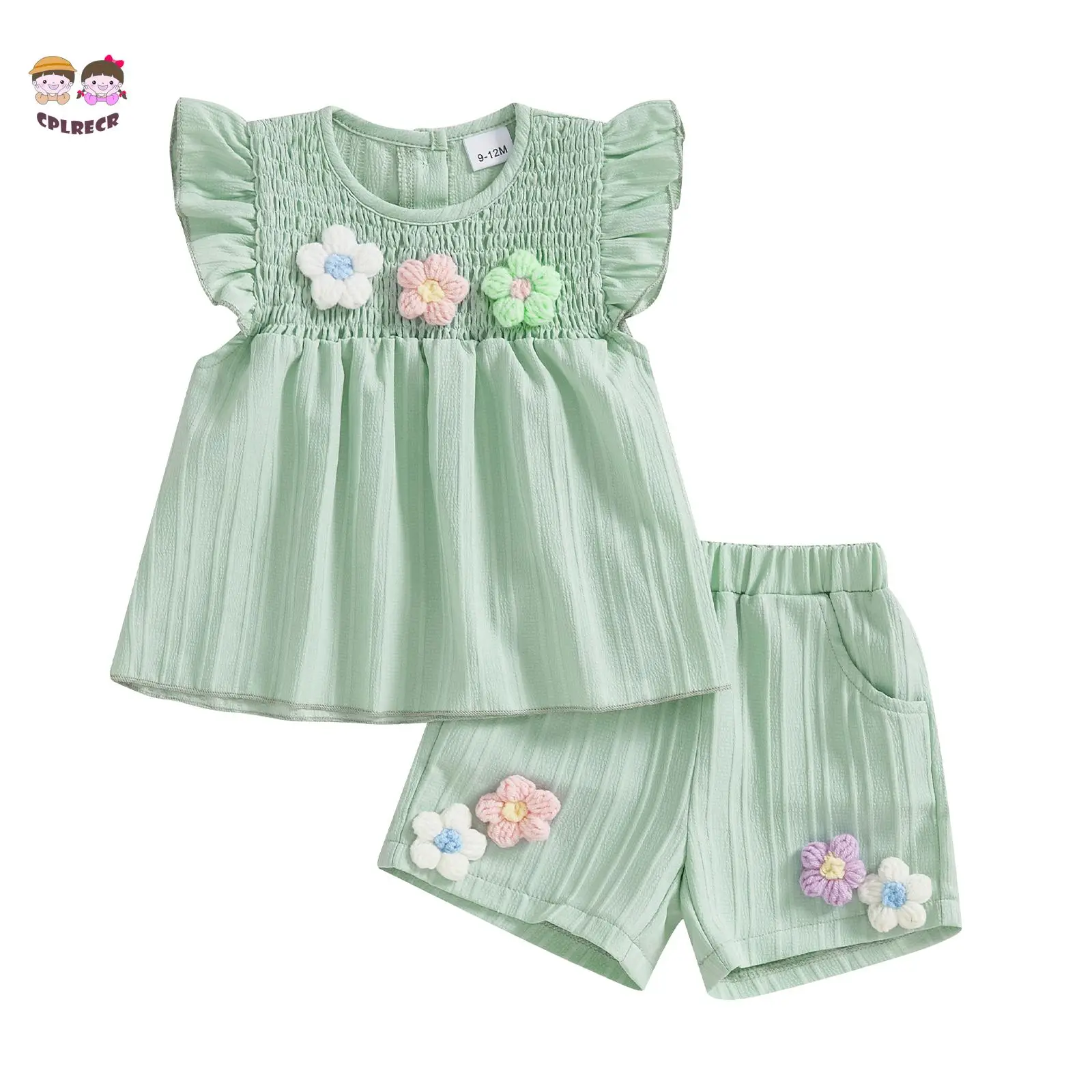 Baby Toddler Girl Shorts Set 3D Flower Smocked Fly Sleeve Babydoll Tops Elastic Waist Shorts 2 Piece Summer Outfit