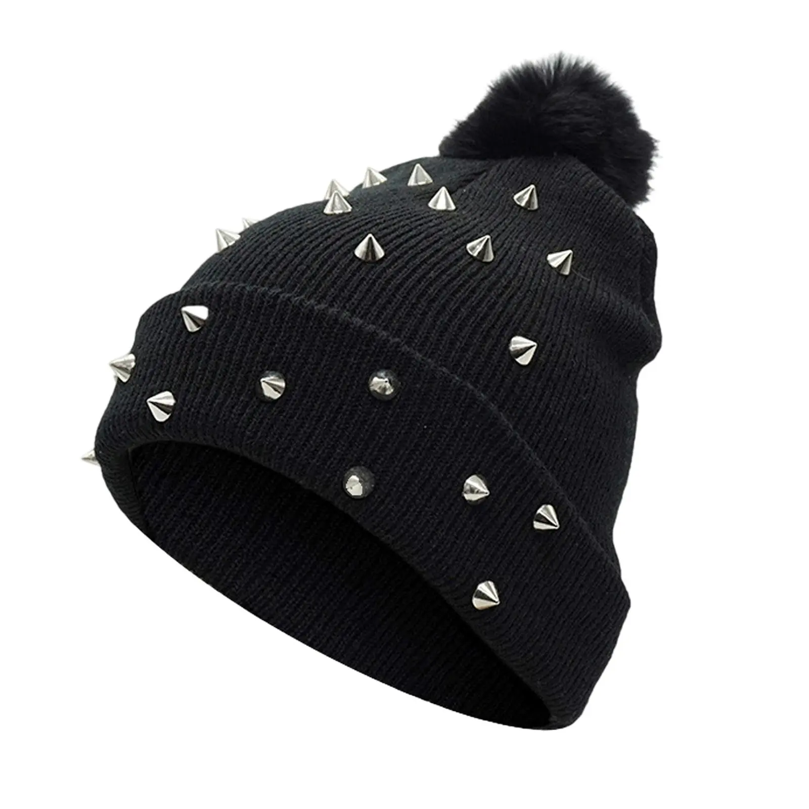 OIDEA Women’s Black Acrylic Knit Beanie - Metal Studded Punk Style, Fluffy Pom Accent, Warmth Retention, No-Brim Slouchy Skull Cap, 1-Size-Fit Casual Commute Streetwear Rock Accessory for Fall, Winter, Everyday, Outdoor Walks, Pom Pom Accent