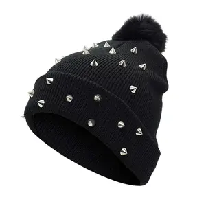 OIDEA Women’s Black Acrylic Beanie - Metal Studded Punk Style, Fluffy Pom, Warm Knit, No-Brim Slouchy Skull Cap, 1-Size-Fit Streetwear Rock Accessory for Fall, Winter,summerwins
