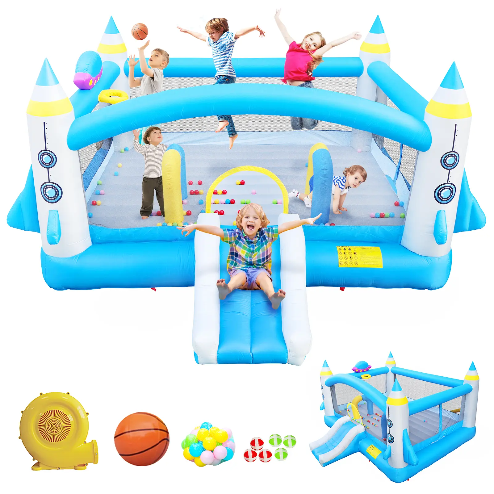 8 In 1 Multifunctional Blue Ocean World Rockets Inflatable Slide Water Park Trampoline Bouncing House Outdoor Garden With Dolphin Sprinkler Target Games Water Gun Basketball Jump 'n Slide Inflatable Bouncer for Kids Complete Setup with Blower