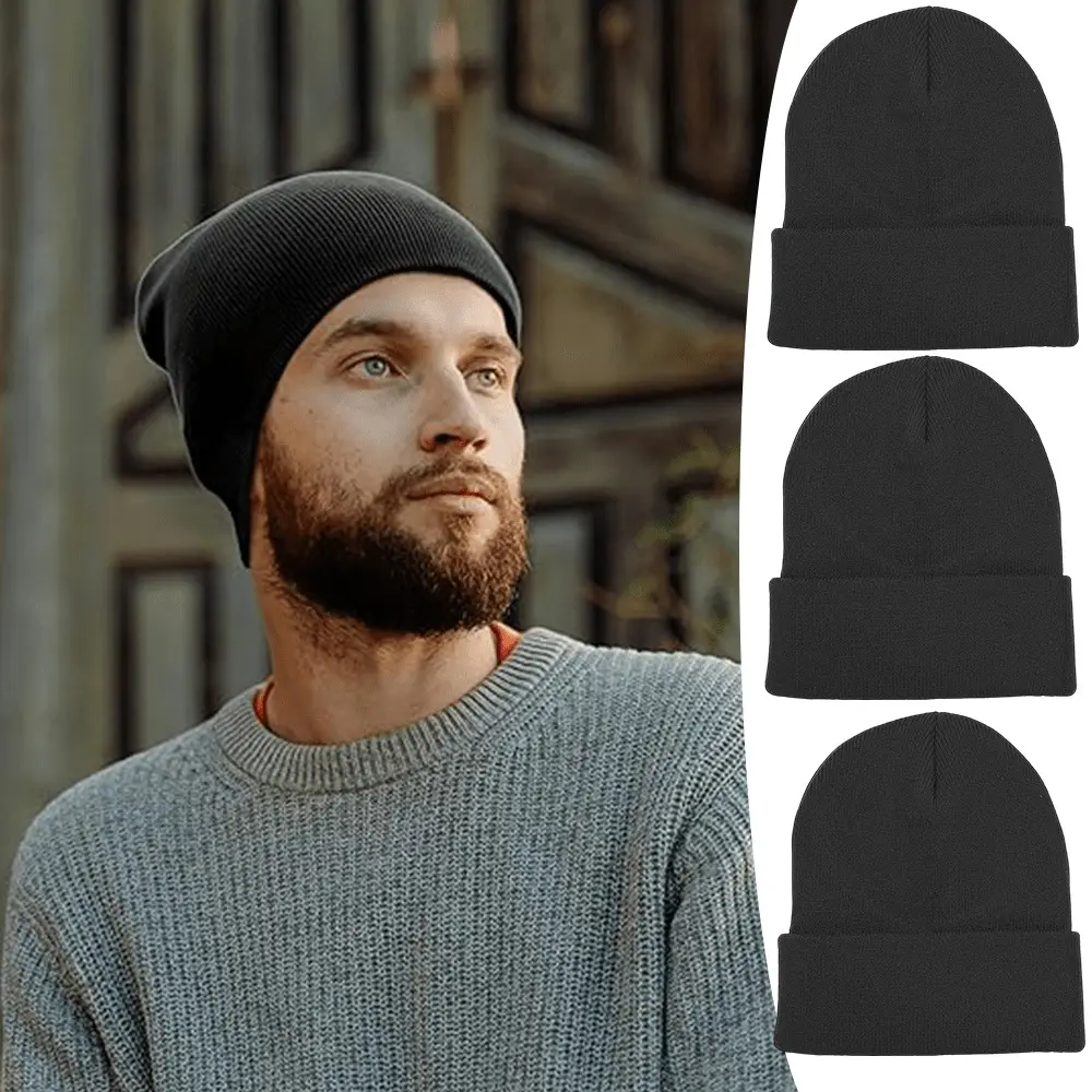 Unisex 3-Pack Cuffed Knit Beanies - Knit Fabric, Heat Insulating, Soft, Stretchy, Solid Color Casual Winter Hats, 1 Size Fits All Unisex Clothes for Everyday Wear, One Size Fits All