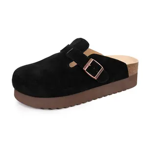 EVELLYHOOTD Women Men Round Toe Cork Footbed Platform Clogs Fashion Leather Outdoor Slippers Adjustable Buckle Clogs