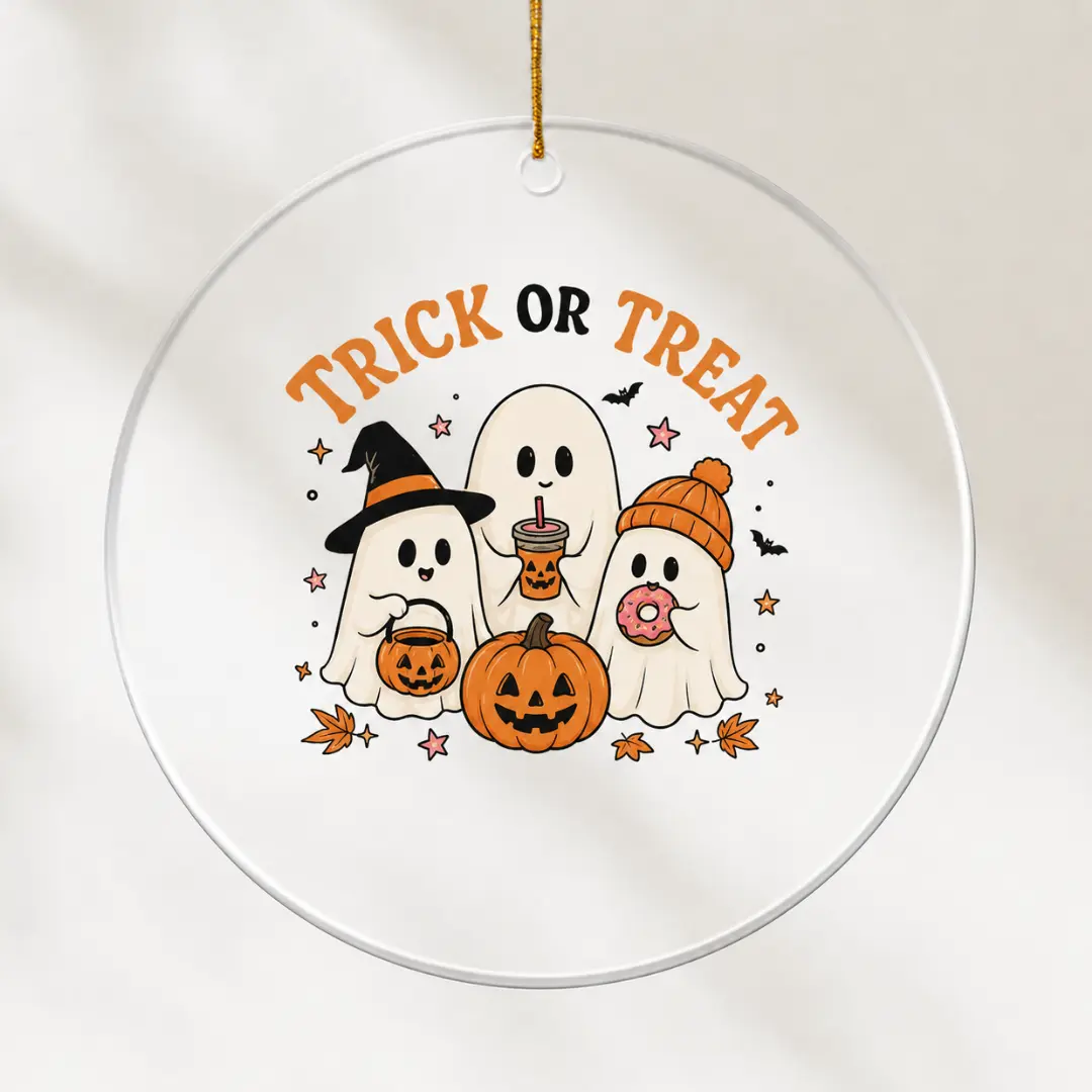 Trick or Treat Ghost Family Ornament – Cute Pumpkin Round Acrylic Halloween Hanging Decor