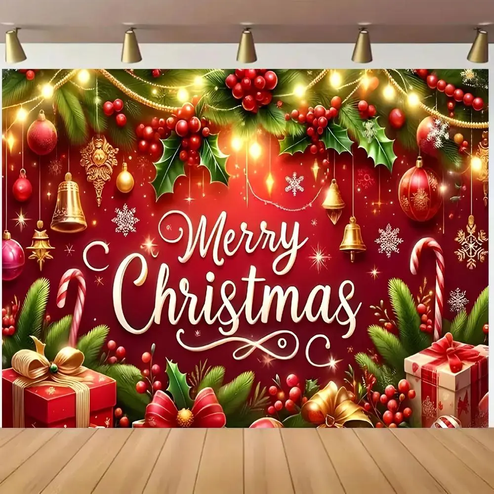 1pc Polyester 2D Flat Christmas Curtain Backdrop - Festive Party Decoration with Golden Bell Ornaments, Candy Canes, Sparkling Lights, Banners for Family Gatherings, Home Supplies