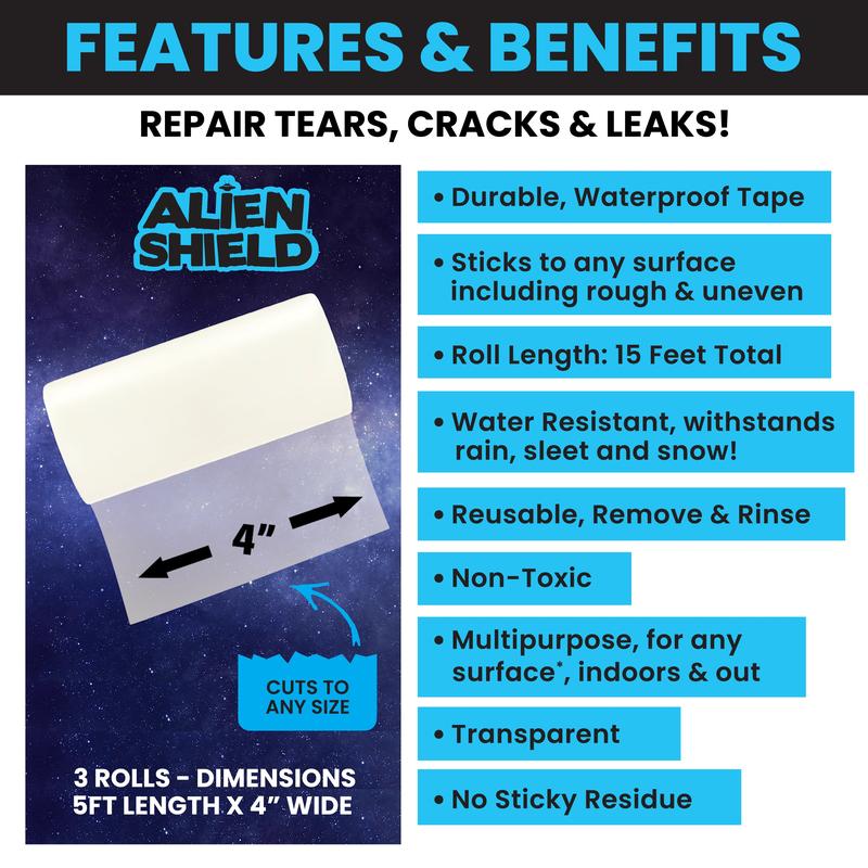 Alien Shield Sealing Tape - Waterproof Transparent Repair Tape, Adhesive Strips, Patch Tape to Repair Tears, Cracks, and Leaks, 4 Inches Wide As Seen On TV flex tape