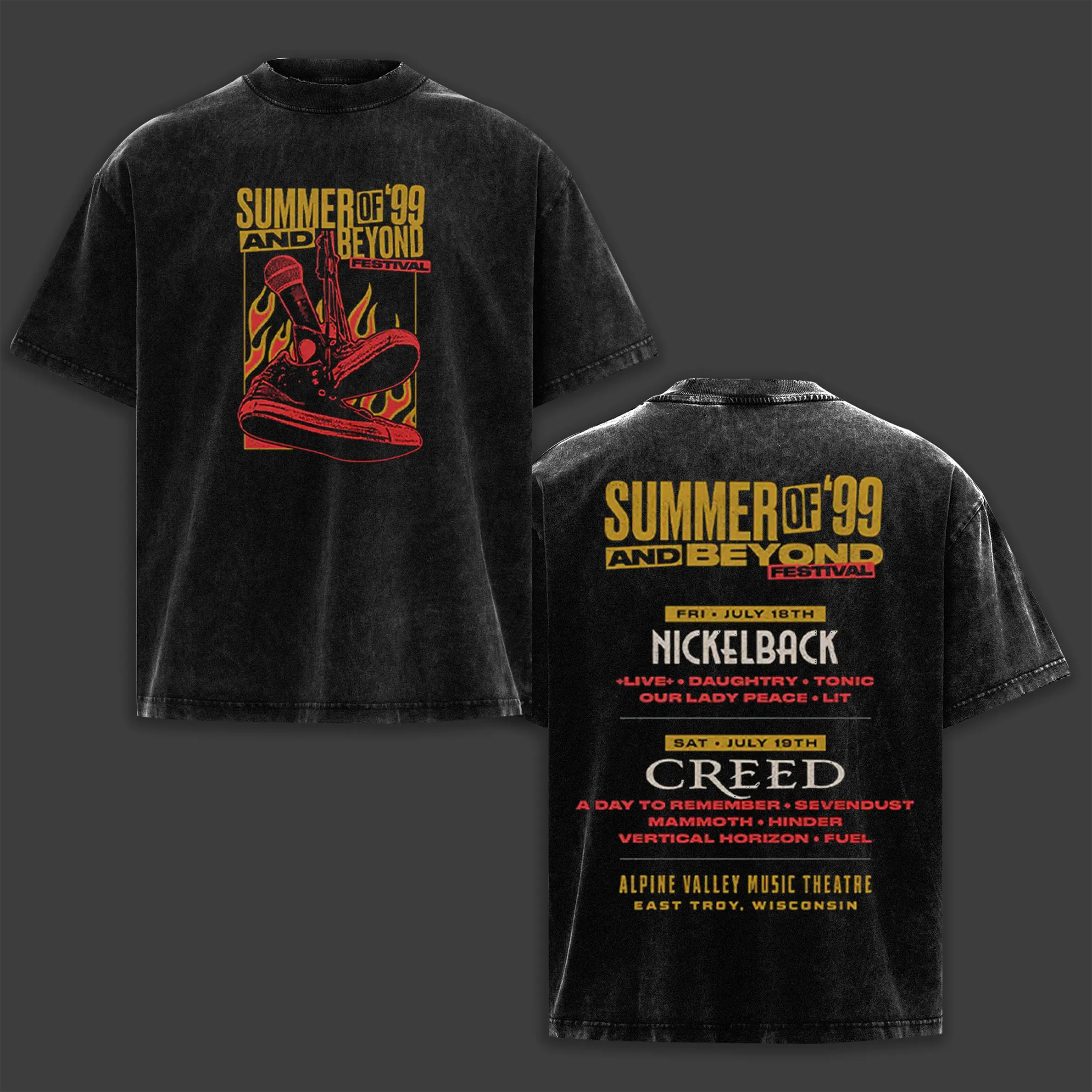 Summer of '99 & Beyond Festival Sneakers Washed T-Shirt, Creed Music Band Washed Tee, Rock Band Double Printed Washed Hoodie, Gift For Band Fan Crewneck Casual Cotton Fabric Menswear