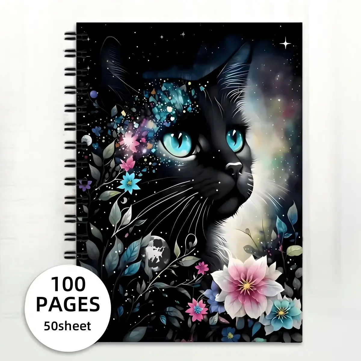New Bestselling A5 Floral Cat Notebook, 100 Pages Sketchbook, Spiral Coil Journal, Writing Pad, Ideal for Drawing and Note-Taking