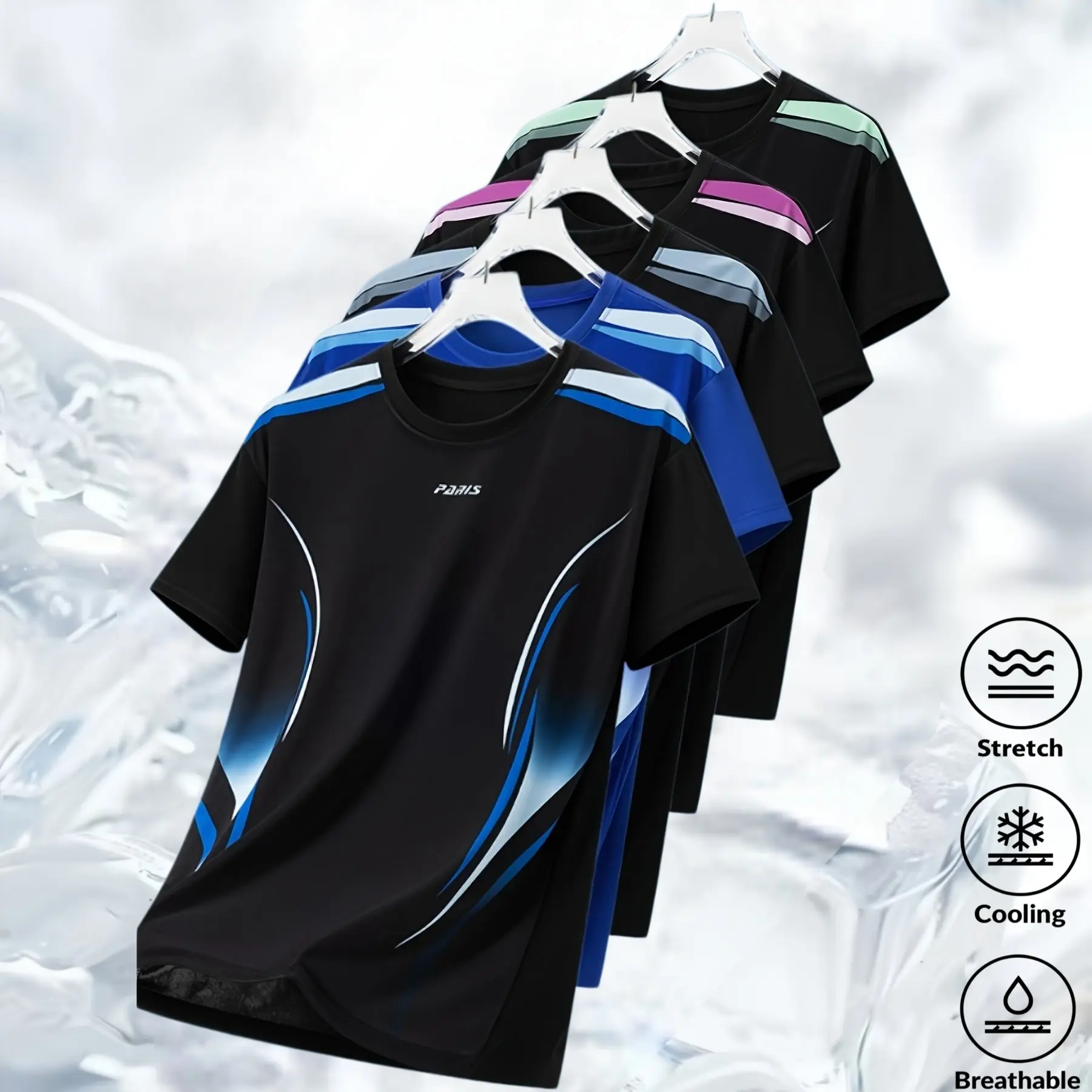 5-piece set of men's summer trendy ice silk short-sleeve shirts, ice silk T-shirts, sports short-sleeves, sweatshirts, round neck, quick-dry and breathable, casual short-sleeves suitable for outdoor sports, hiking, and dating